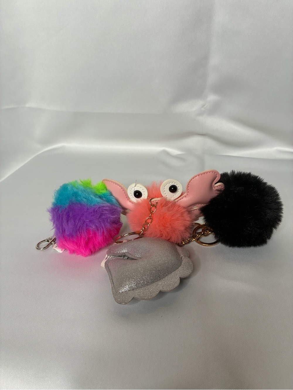 Plush Pom Pom Keychain Set with Crab Charm - Multicolor, Pink, Black
